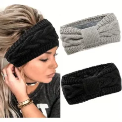 2pcs/set Soft & Cozy Ribbed Fleece Knit Elastic Headbands - Warm Ear Warmer for Women with Classic Bowknot Design, Perfect for Daily Use in Autumn & Winter