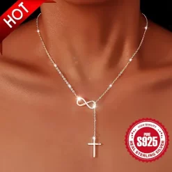 S925 Pure Sterling Silver Women's Infinity Lucky 8 Cross Pendant Necklace - Low Allergies, 4.5g, Fashionable, Classic Style, Suitable for Daily Wear and Vacations, Perfect Christmas Gift