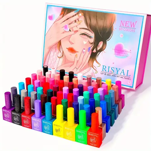 RISYAL 0.51oz*63 Bottles Nail Gel Set 60 Colors of Color Gel + 1 Bottle of Base Gel + 1 Bottle of Tempered Seal + 1 Bottle of Frosted Seal Total 63pcs Nail Art Set Free DIY Nail Gel Set