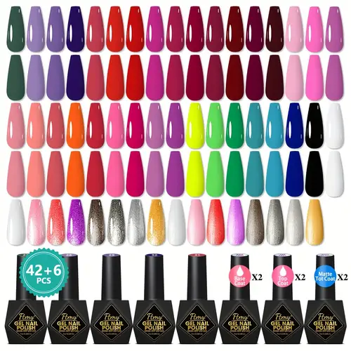 FTMY New 48Pcs Gel Nail Polish Kit With 42 Colors Shine Multicolor Gel Nail Polish With Base Coat Top Matte Top Coat Nail Polish Kits, LED/UV Suitable For All Seasons Christmas Gifts For Women Wedding And Party